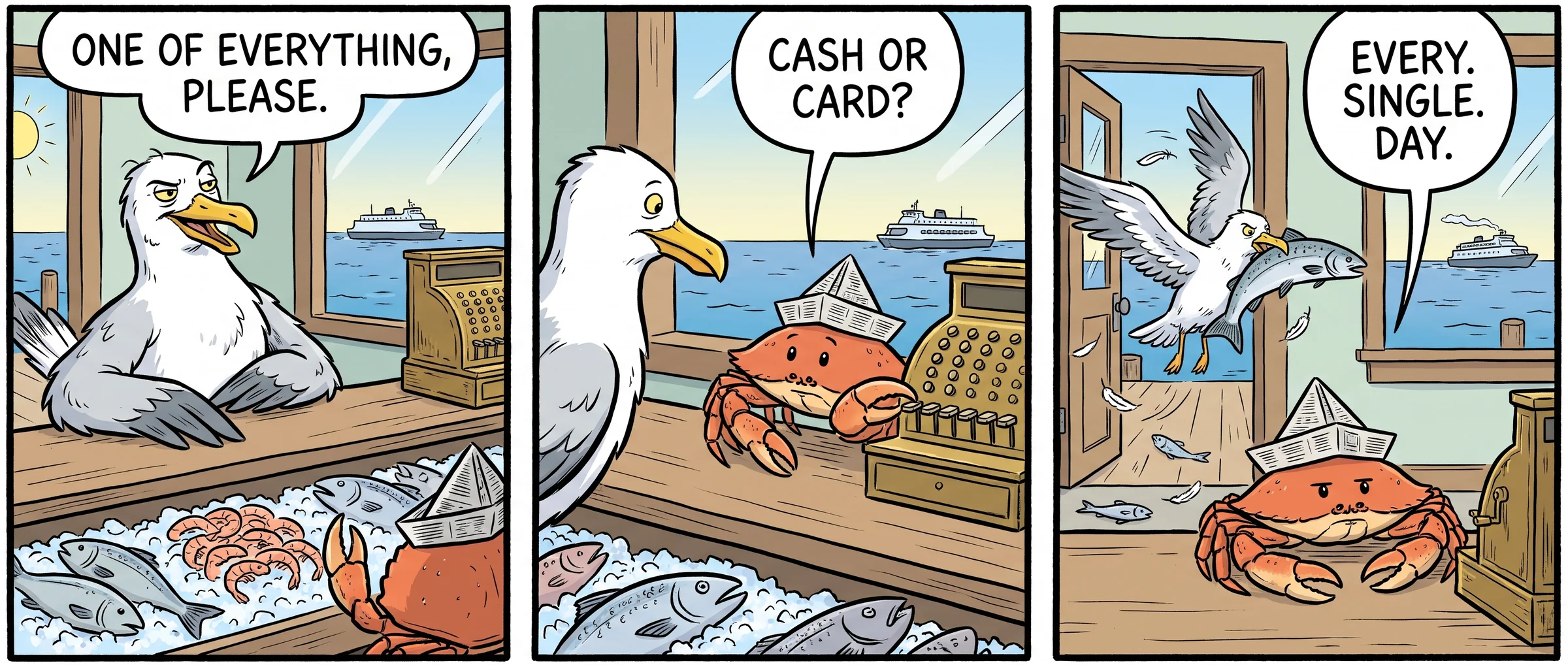 Comic strip. A seagull at the counter says: One of everything, please. Gerald the crab at the till asks: Cash or card? The seagull flies out the door with a whole salmon while Gerald says: Every. Single. Day.